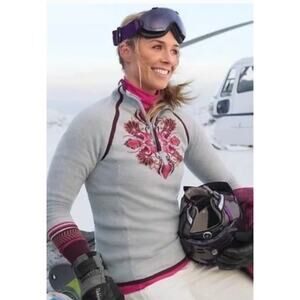 Athleta Sweater Womens X Small Grey Stoke Half Zip Nordic Embroidered Ski